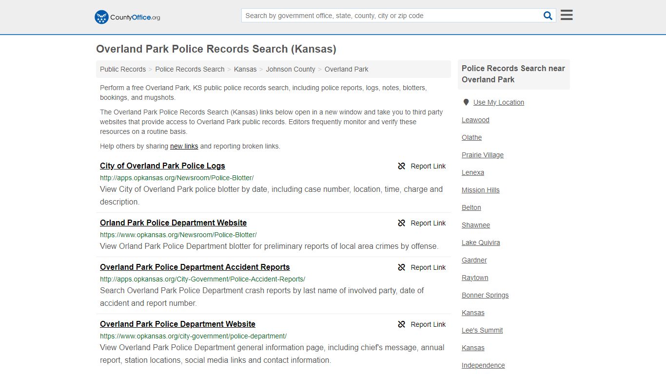 Overland Park Police Records Search (Kansas) - County Office